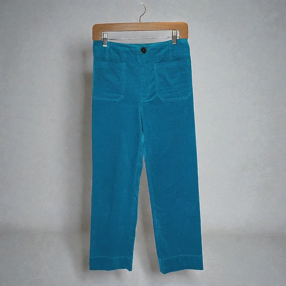 Anthropologie Maeve The Colette Corduroy Wide Leg Crop Pants Turquoise Retro 26 - Picture 2 of 6
